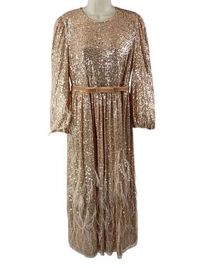 ANTONIO MELANI Gold Sequin With Feather Accents Long Sleeve Maxi Dress